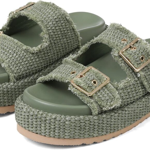 Raffia Platform Sandals Women Summer Beach Flat Slides Buckle Support - Picture 1 of 5